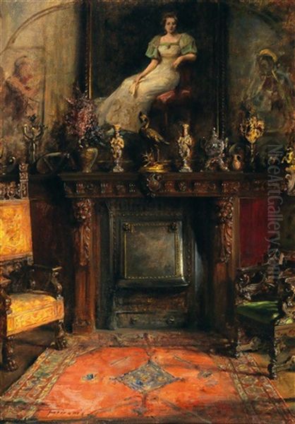 Interior With View Of A Fireplace And A Painting Oil Painting by Arthur von Ferraris