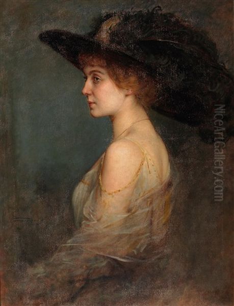 Profile Portrait Of A Woman With Large Hat Decorated With Feathers Oil Painting by Arthur von Ferraris