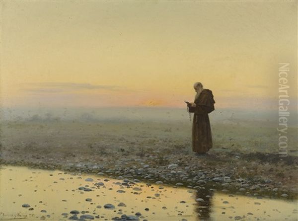 A Monk At Prayer Oil Painting by J. Ferrer y Palloja