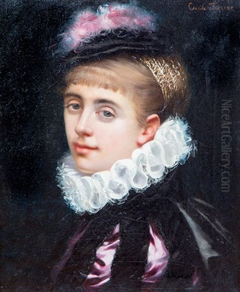 Lady With A Lace Collar Oil Painting by Cecile (Mme. Guerin) Ferrere