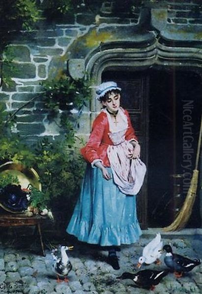 Jeune Femme Devant La Ferme Oil Painting by Cecile (Mme. Guerin) Ferrere