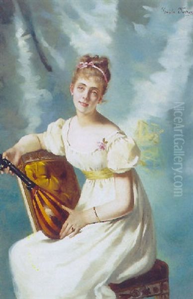 Portraet Af Siddende Ung Kvinde Med Mandolin Oil Painting by Cecile (Mme. Guerin) Ferrere