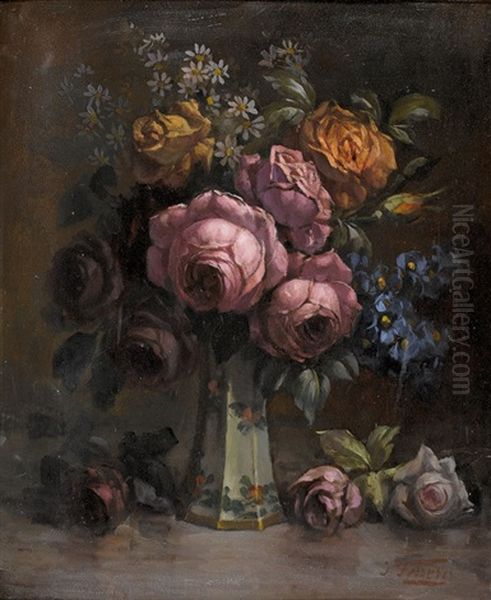 Rosenbouquet In Porzellanvase Oil Painting by Joseph Ferrero