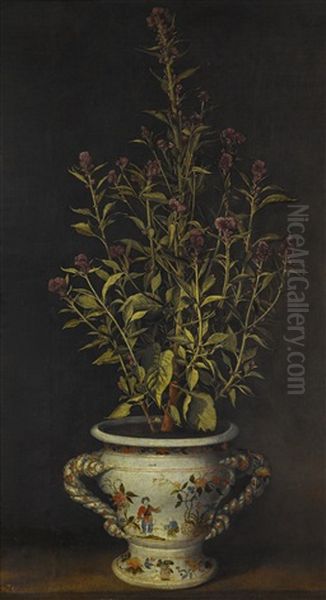 A Plant, Probably A Gomphrena, In A Nevers-style Faience Jardiniere Oil Painting by Benjamin Ferrers