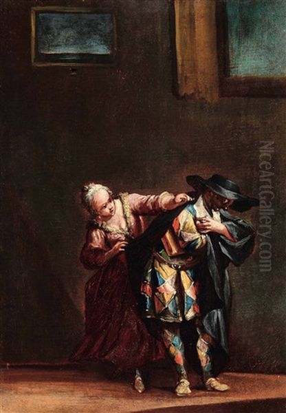 Arlecchino E Colombina Oil Painting by Giovanni Domenico Ferretti