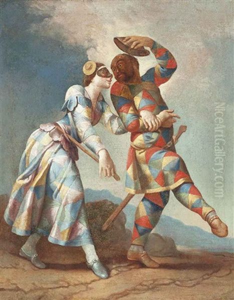 Harlequin And Columbine Oil Painting by Giovanni Domenico Ferretti