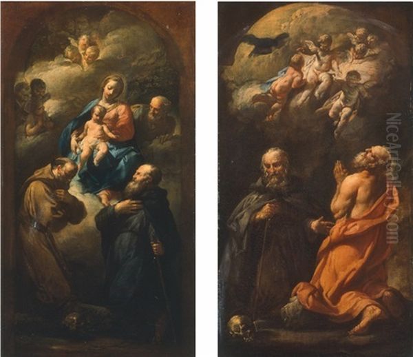 Sacra Famiglia Con San Francesco E Un Santo (+ San Gerolamo E Sant'antonio Abate; 2 Works) Oil Painting by Giovanni Domenico Ferretti