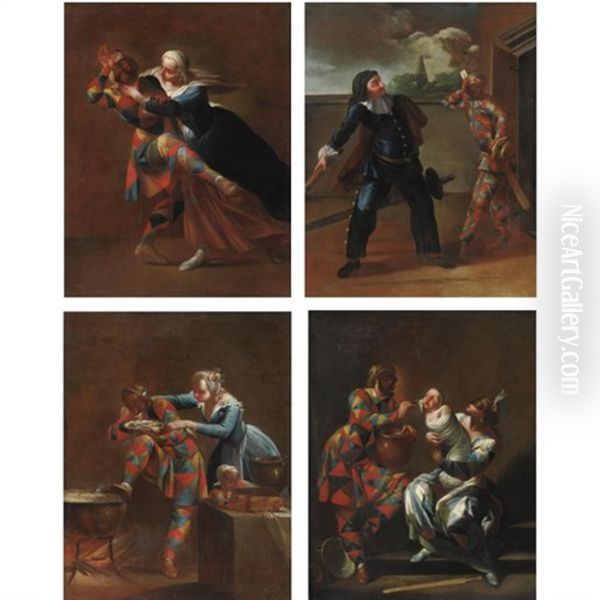 Arlecchino Aggredito Dall'amante (+ 3 Others; 4 Works) Oil Painting by Giovanni Domenico Ferretti