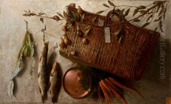 Straw Basket With Fish Oil Painting by Augusto Ferri