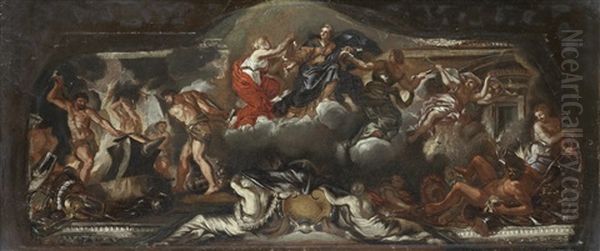 The Triumph Of Peace With The Cyclopes Making Armour And The Figure Of War In Chains; A Detail From The Ceiling Of The Salone In The Palazzo Barberini, Rome Oil Painting by Ciro Ferri