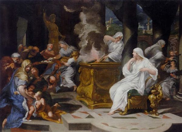 The Virgin Tending The Fire In The Temple Of Vesta Oil Painting by Ciro Ferri