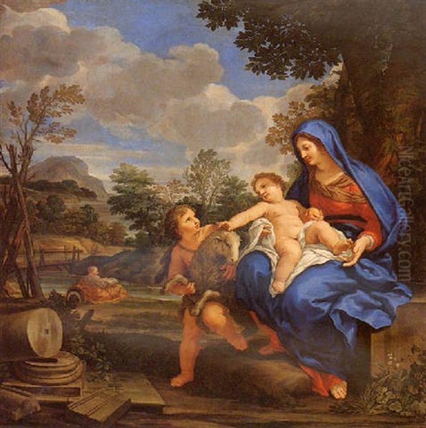 The Madonna And Child With The Infant Saint John The Baptist, Saint Joseph Reading By A River Beyond Oil Painting by Ciro Ferri