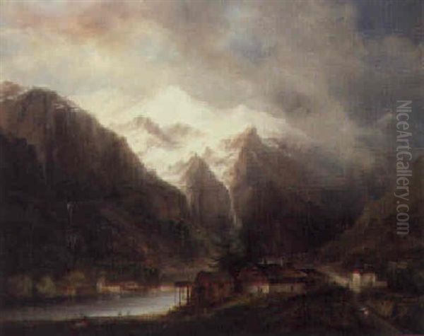 An Alpine River Landscape With Figures On A Track Before A Chalet Oil Painting by Domenico Ferri