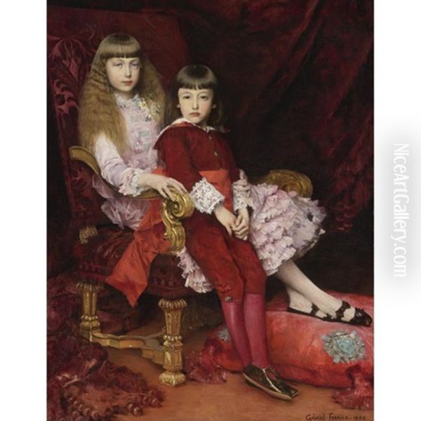 Portrait Of The Duc De Chartres' Children: The Duc De Guise And One Of His Sisters, The Future Duchesse De Magenta Oil Painting by Gabriel Joseph Marie Augustin Ferrier