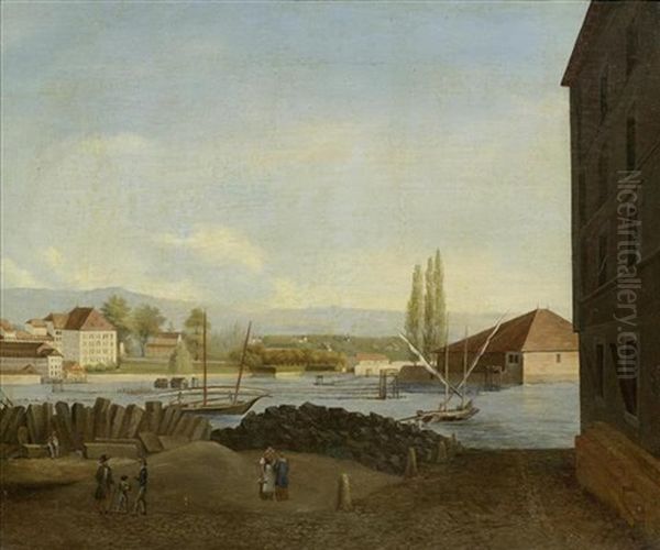 Quai Des Bergues Au Xviiie Siecle Vu De La Fusterie Oil Painting by Francois Ferriere