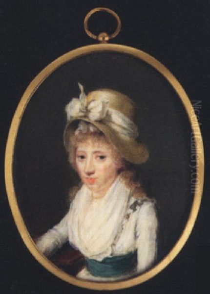 Lady Mary Montagu Scott, Wearing Straw Bonnet With White Ribbon Bow, White Dress With Fichu And Green Waistband, She Rests Her Arm On A Table Oil Painting by Francois Ferriere