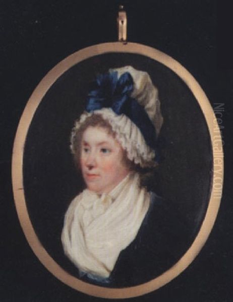 Lady Douglas (nee Frances Scott) Wearing White Fichu, Blue Waistband And Black Cloak With Frill, A White Indoor Bonnet Decorated With A Blue Bow Over Her Powdered Hair Oil Painting by Francois Ferriere