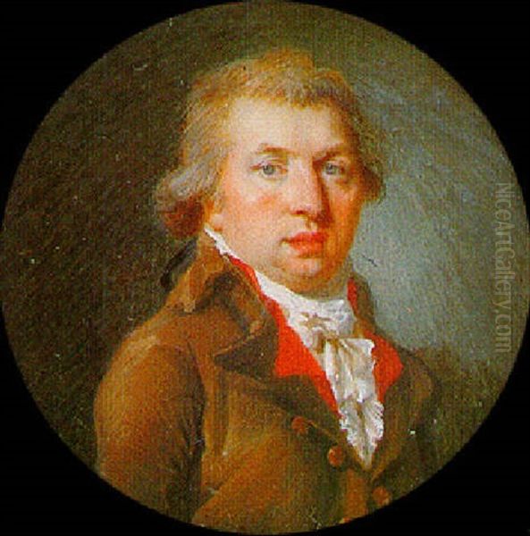 A Gentleman Wearing A Brown Jacket, Red Waistcoat And Frilled White Cravat Oil Painting by Francois Ferriere