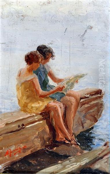 Ragazze Sul Molo Oil Painting by Antonio Ferrigno