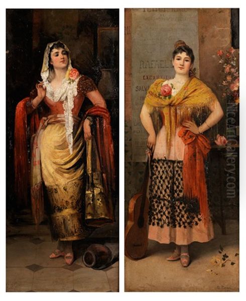 Stehende Junge Italienerinnen In Festtagskleidern (pair) Oil Painting by Egisto Ferroni