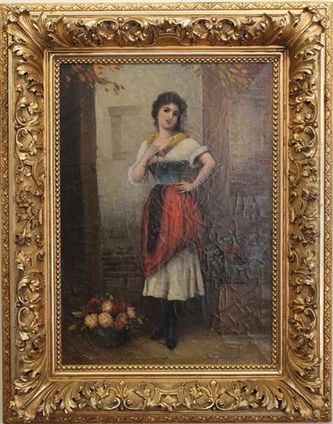 Peasant Woman With Flowers Oil Painting by Egisto Ferroni