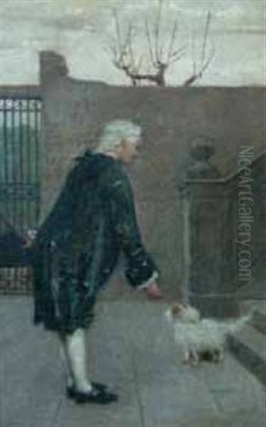 Cortile Con Gentiluomo E Cane Oil Painting by Egisto Ferroni