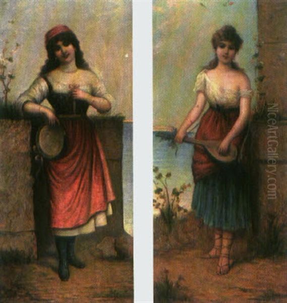 Tambourin-girl (+ Gitarrenspielerin; Pair) Oil Painting by Egisto Ferroni