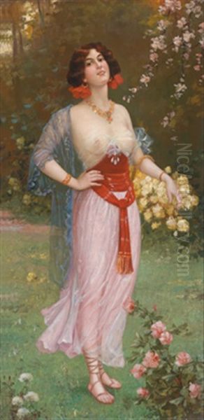 Schone Junge Frau Mit Gelben Rosen Im Korb Oil Painting by Egisto Ferroni