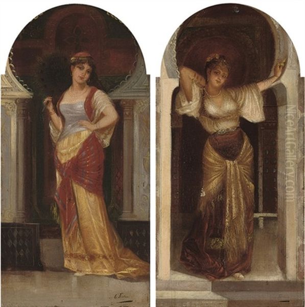 Oriental Beauty With Fan (+ A Token Of Love; Pair) Oil Painting by Egisto Ferroni