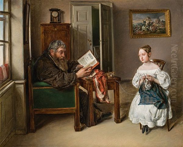 Reading Grandfather With His Granddaughter by Leopold Fertbauer