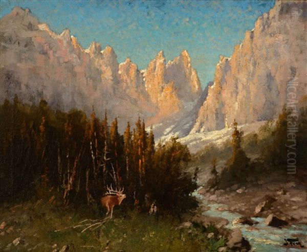 Elk By A Canyon Stream Oil Painting by John Fery