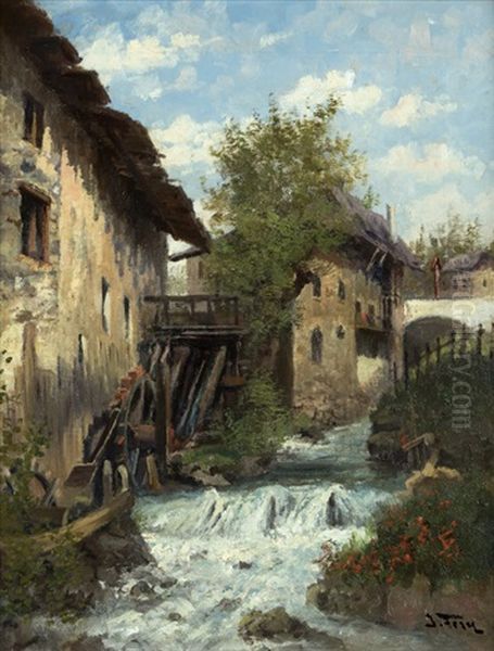 Austrian Village With Stream Oil Painting by John Fery