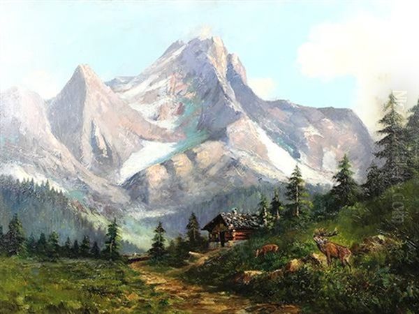 Mountain Scene With Stag Calling Oil Painting by John Fery