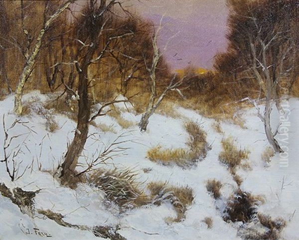 Sunset On A Snow Covered Field Oil Painting by John Fery