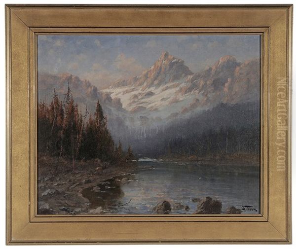 River With Moose Near Glacier Laden Ridge Oil Painting by John Fery