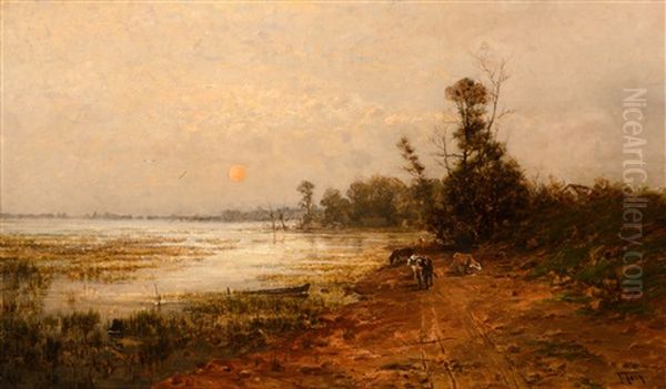 Sunset Over The Lake Oil Painting by John Fery