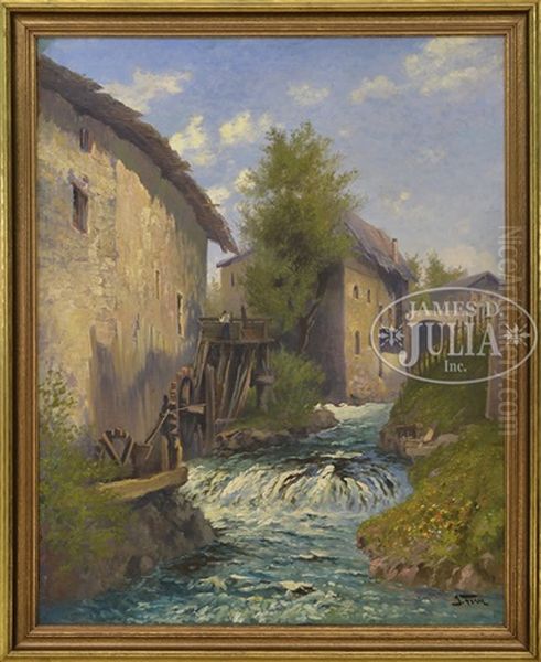 River Flowing Through A German Village With Mill Oil Painting by John Fery