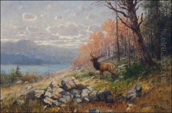 Elk In Fall Landscape Oil Painting by John Fery