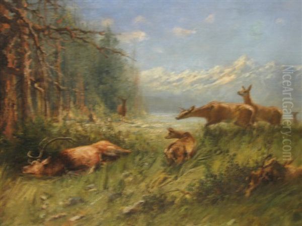 Wounded Elk In Mountain Landscape Oil Painting by John Fery