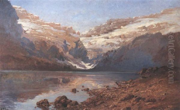 A Mountain Lake With An Elk In The Foreground by John Fery