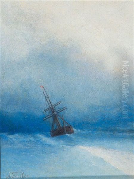 Ship With Caught Sails On Stormy Sea Oil Painting by Adolf Ivanovich Fessler