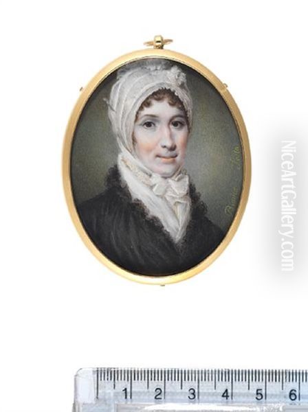 A Lady, Wearing Black Coat With Lace Trim, White Lace Collar And Fill-in, A Bonnet Tied At Her Neck, Her Hair Curled by Bianca Festa