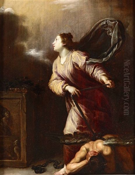 Santa Giuliana Di Nicomedia Con Il Demonio Alla Catena Oil Painting by Domenico Feti