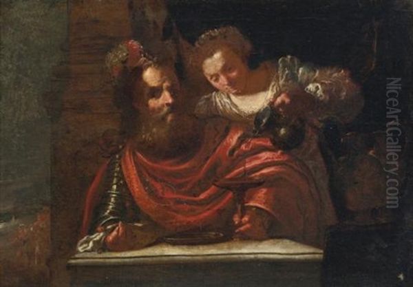 A Bearded Man And A Woman Pouring Wine, Possibly Judith And Holofernes Oil Painting by Domenico Feti