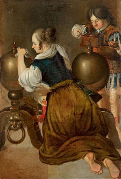 Allegorie Des Feuers, Eine Frau Beim Putzen Von Feuerbocken, Allegoria Del Fuoco Oil Painting by Domenico Feti