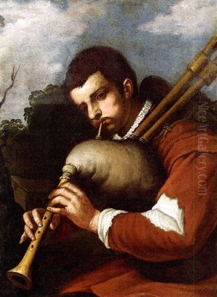 A Young Man Playing The Doodlesack Oil Painting by Domenico Feti