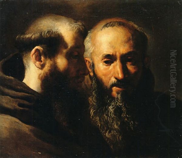 Two Head Studies Of Franciscan Saints Oil Painting by Domenico Feti