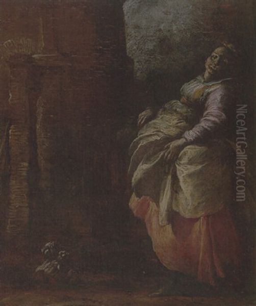 A Woman Standing Before An Entrance To A House Oil Painting by Domenico Feti