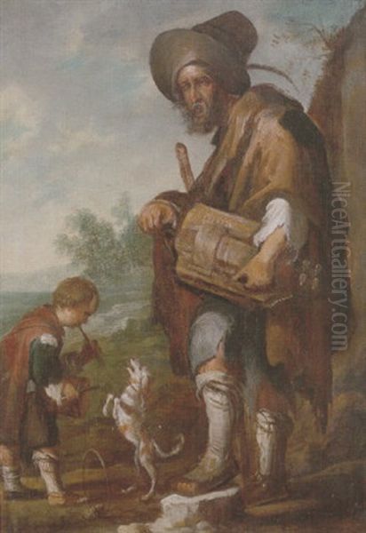 A Blind Man Playing A Hurdy-gurdy, Together With A Young Boy Playing The Drums, With A Dancing Dog Oil Painting by Domenico Feti