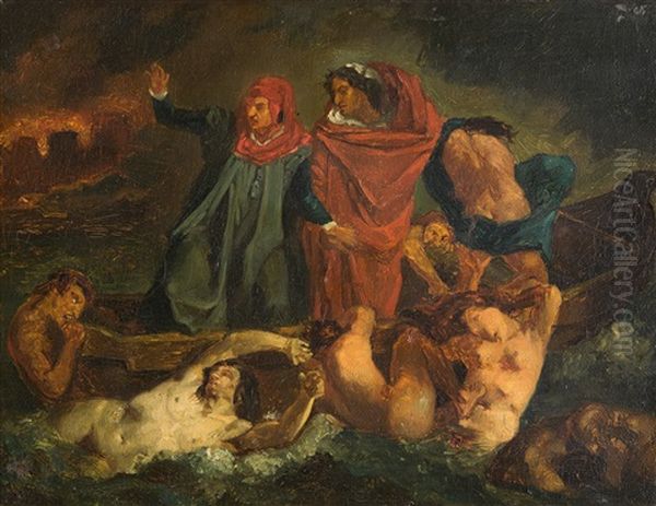 Die Dante-barke (after Eugene Delacroix) Oil Painting by Anselm Friedrich Feuerbach